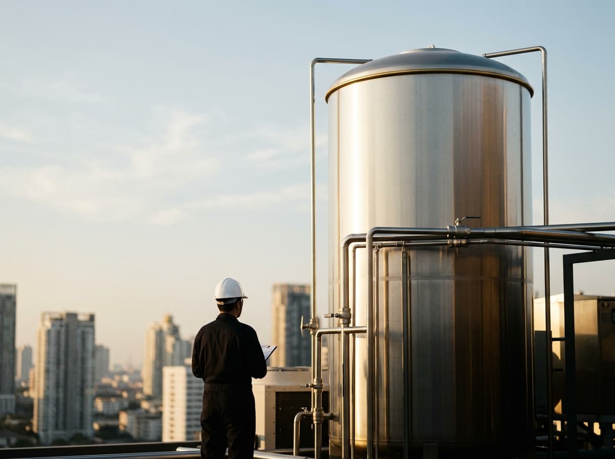 ถังเก็บน้ำสแตนเลสบนดาดฟ้าอาคาร และทีมงาน Q-TANK SERVICE ตรวจสอบหน้างาน